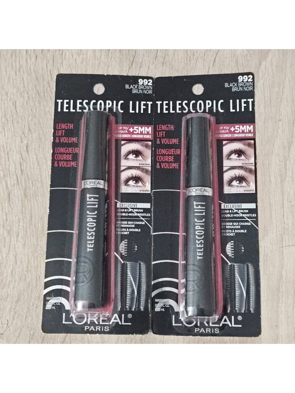L'Oreal Paris Telescopic Lift Mascara Length Volume  # 992 Black Brown, 2 Pack